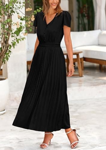 PRETTYGARDEN Women's Summer Maxi Dresses 2025 Trendy Casual Button V Neck Ruffle Cap Sleeve Long Flowy Pleated Dress (Black,Medium) - Image 4