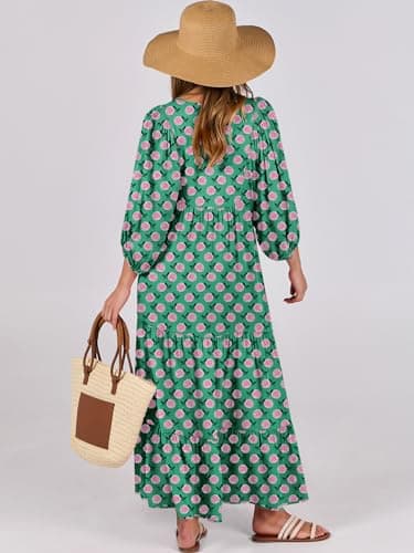 ANRABESS Womens Boho Maxi Dresses 2025 Summer V Neck Puff Sleeve Floral Flowy Swing Fall Casual Long Dress Green Small - Image 4
