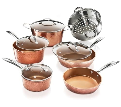 Gotham Steel Hammered 15 Pc Ceramic Cookware Set, Induction Pots and Pans Set Non Stick with Cooking Utensils & Steamer, Non Toxic Ceramic & Titanium Coating PFOA PFOS Free, Oven & Dishwasher Safe - Image 1