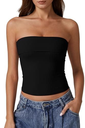 QINSEN Tube Tops for Women Off Shoulder Strapless Crop Tops Foldover Going Out Bustier Tops Black M - Image 1