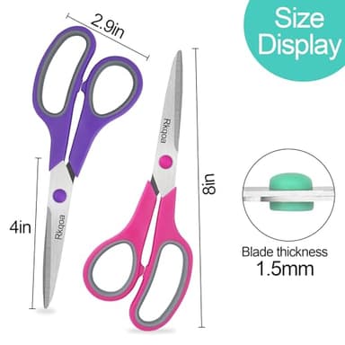Black-Purple Scissors Pack, Rkqoa 8" Adult Scissors All Purpose - Comfort-Grip Sharp Shears for Office School Sewing Fabric Craft Art Supplies, Teacher/Class Everyday use, Classroom Must have - Image 2