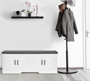 HOMSHO 2-Tier Storage Bench, 47.2" Wide Shoe Bench with Padded Seat Cushion, Entryway Bench with 4 Barn Doors and Adjustable Shelf, White - Image 8