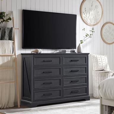 ACCOHOHO Farmhouse 8 Drawers Dresser Chests for Bedroom,52" Wide Wood Rustic Chest of Drawers with Metal Handle,Natural Texture,Drawer Organizer for Bedroom,Living Room,Hallway and Entryway,Black - Image 3