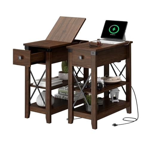 Awescuti Narrow End Table with Charging Station - Farmhouse Slim Side Table Set of 2, w/USB Ports Power Outlets, Nightstand w/Flip Top Storage Drawer, for Small Spaces Living Room Bedroom, Walnut - Image 1