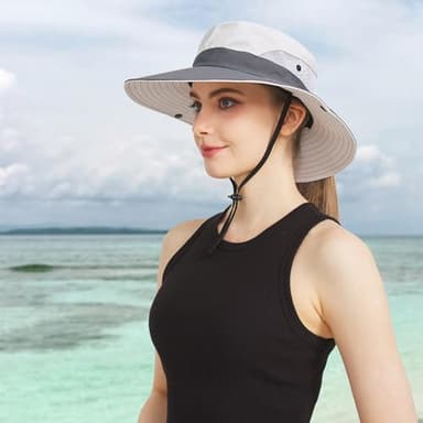 NPQQUAN Ponytail Sun Bucket Hat for Women Men Wide Brim UPF 50+ Fishing & Beach Hats Pink/Grey - Image 2