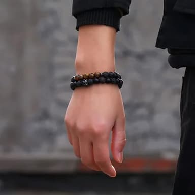 Tiger Eye Bracelet For Men 8MM Natural Stone Beads Bracelet Set Stretch Lava Rock Bracelets Adjustable Black Crystal Beaded Bracelet for Men Women Gifts - Image 7