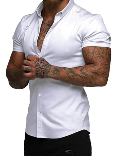 JMIERR Men's Muscle Fit Dress Shirts Wrinkle-Free Short Sleeve Casual Button Down Shirt Summer Beach Shirts,L,White - Image 1