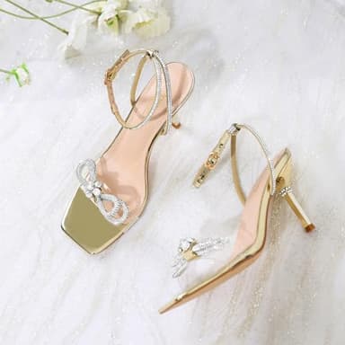 Susanny Gold Heels for Women Rhinestone Wedding Strappy Sandals Sparkly Clear Bow Kitten Heels Sexy Ankle Strap Bridal Party Dress Shoes 8 - Image 9