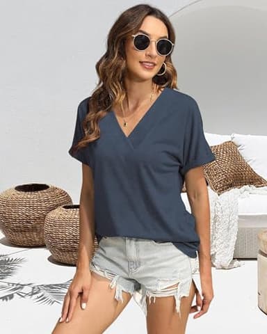 EyMuse Cute Basic Tops t-Shirts Short Sleeve V Neck Tees Womens Fashion Comfy Lightweight Soft Casual Summer Blouses,Navy,XXL - Image 5