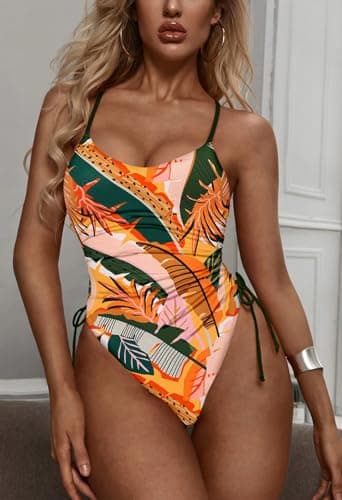 Viottiset Women's Drawstring One Piece Swimsuit Tummy Control High Cut Cheeky Bathing Suit Green Printed Pattern XL - Image 6