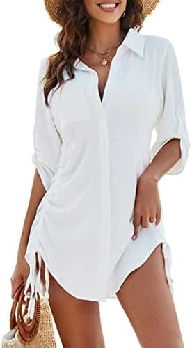 Blooming Jelly Womens Bathing Suit Cover Ups Bikini Swimsuit Coverup Drawstring Button Down Beach Dress Shirt - Image 2