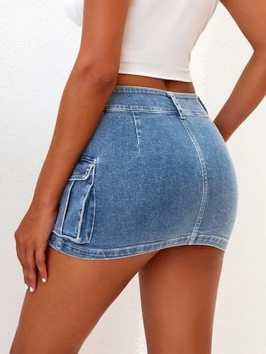 ELLEVEN High Stretchy Cargo Skirt for Women, Low Waist Y2k Mini Skirt Cute Denim Skirt with Pockets - Image 4