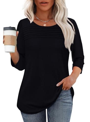 Blouses for Women Dressy Casual 3/4 Length Sleeve Trendy Spring Fashion 2025 Flowy Cute Summer Tops Scooped Neck Black Beach Vacation Clothes M - Image 2