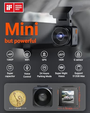 Vantrue E1 Lite 1080P WiFi Mini Dash Cam with GPS and Speed, Free App, Voice Control Detachable Dash Camera, 24 Hours Parking Mode, Night Vision, Motion Detection, Loop Recording, Support 512GB Max - Image 2