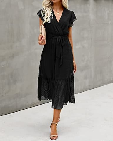 BTFBM Women Summer Bohemian Floral Casual Wrap V Neck Ruffle Cap Sleeveless Belt A-Line Pleated Hem Swing Midi Sun Dress (Swiss Dot Black, x_l) - Image 6