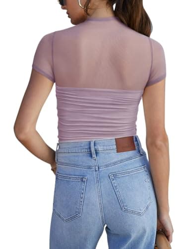 REORIA Sexy Bodysuits for Women Classic Mock Turtle Neck Short Sleeve Slim Fit Shirts Sheer Mesh Ruched Trendy Going Out Tops Cute Office Bodysuits Hazy Lilac Large - Image 2
