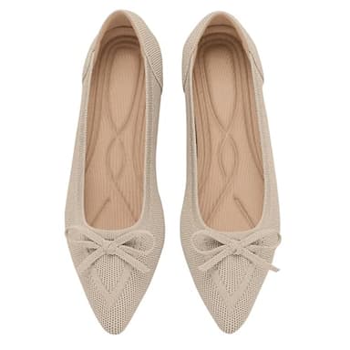 TINGRISE Women's Flats Pointed Toe Bow Knit Ballet Shoes Comfortable Dressy Mesh Slip On Flat Begie US9 Beige - Image 1