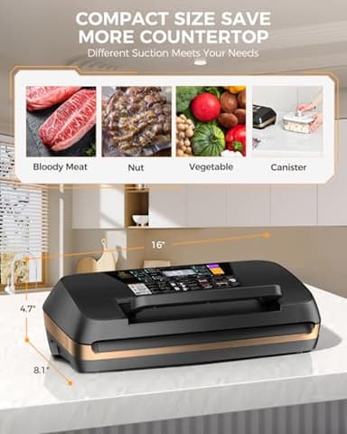 MZROT 95kpa Vacuum Sealer Machine, Commercial Full Automatic Food Sealer, Food Vacuum Sealing Machine with Cutter, 10 Pre-cut Bags & Bag Rolls and Accessory Hose, Fully Starter Kits - Black Gold - Image 3