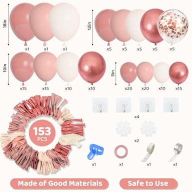 Amandir 153pcs Dusty Pink Balloon Garland Arch Kit, Different Sizes 18 12 10 5 inch Pink White Sand Metallic Confetti Pink Balloons for Girl Baby Shower Birthday Boho Party Decorations - Image 2