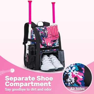 KAVIGOR Youth Baseball Bag, Softball Bag for Girls & Boys, Kids Tball Backpack with Shoes Compartment - Image 2