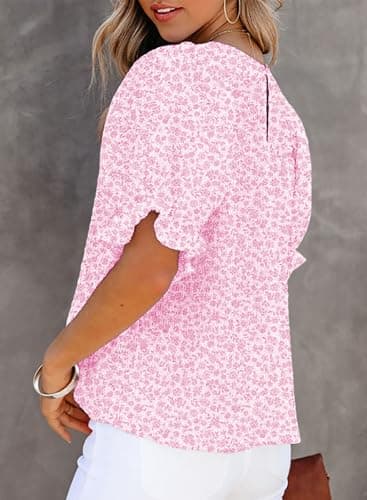 Dokotoo Womens Tops Summer Blouses and Tops Casual Floral Print Crewneck Flowy Smocked Puff Short Sleeve Shirt Stylish Loose Babydoll Blouse Elegant Solid Shirts Top for Teen Girls Juniors Medium Pink - Image 8