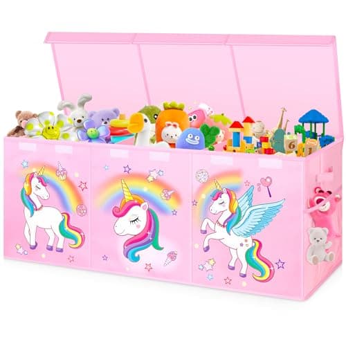 Mabahoo Extra Large Toy Chest, Collapsible Sturdy Toy Storage Organizer with Lids, 40"X14"X16" Large Kids Toybox Storage Bins Baskets for Girls, Boys, Nursery, Playroom, Pink - Image 1