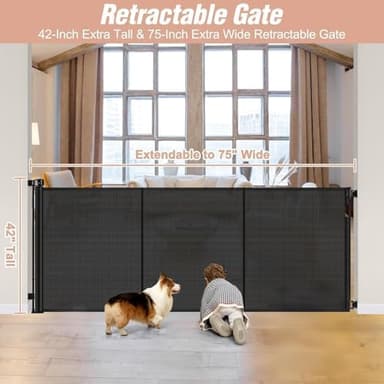 Reinforced 42" Tall x 75" Wide Retractable Baby Gate with Support Rods - Prevents Crawling Under Extra Tall Pet Gate Indoor Mesh Gate Outdoor Long Baby Gate Tall Dog Gates for Doorways, Black - Image 3