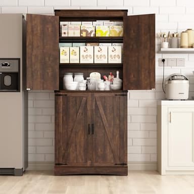 Hlivelood 71" Tall Kitchen Pantry,Farmhouse Storage Cabinet with Adjustable Shelves,Load-Bearing Steel Pipe,Farmhouse Pantry Cabinet with 4 Barn Doors, for Kitchen,Dining Room,Living Room(Brown) - Image 7