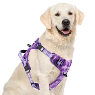 PUPTECK No Pull Dog Harness for Large, Adjustable Reflective Dog Harness with Handle Easy Control, Comfortable Soft Padded Pet Vest Harness for Large Dogs, Plaid Purple XL - Image 1