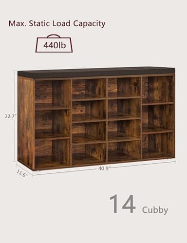DINZI LVJ Shoe Storage Bench with Cushion, 14-Cubby Shoe Rack, Adjustable Shelves, Multifunctional Shoe Organizer Bench for Entryway, Mudroom, Hallway, Living Room, Bedroom and Garage, Rustic Brown - Image 3