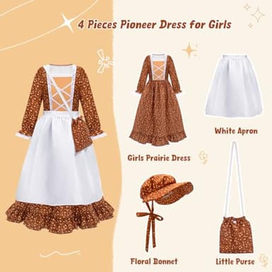 Meland Pioneer Dress for Girls - Colonial Floral Costume with Bonnet, Apron & Purse, Pionner Outfit for Girls 9-10 Years - Image 3