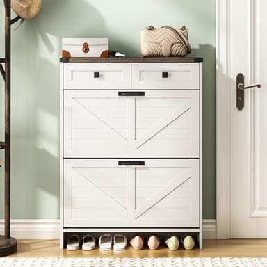 Halitaa Shoe Cabinet with 2 Flip Drawers & 2 Drawers,Farmhouse Shoe Storage Cabinet for Entryway,Slim Freestanding Narrow Organizer Rack for Front Door Entrance,White - Image 7