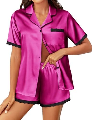 Ekouaer Satin Pajama Set for Women Button Down Lounge Set Silk Lace Pjs Sexy Sleepwear 2 Piece,X-Large Rose Red - Image 1