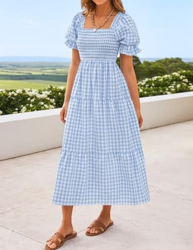 ZESICA Women's 2025 Bohemian Summer Plaid Square Neck Puff Sleeve Ruffle Flowy Beach Midi Dress,LightBlue,Small - Image 2