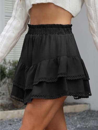 Caracilia Mini Skirts for Women Summer Casual Boho Crochet Ruffle Flowy Skirt Built in Shorts 2025 Fashion Trendy Skorts Black Small - Image 4
