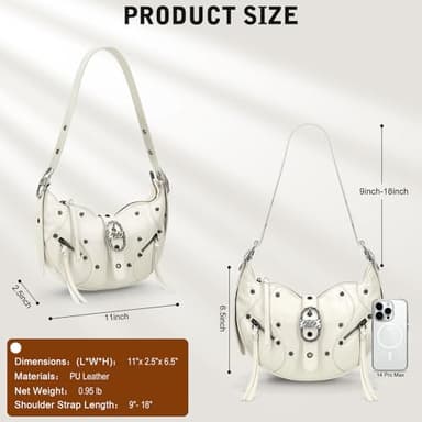 YDSIII Women's Shoulder Bag, White Shoulder Purse, White Shoulder Bag, Crescent Bag, Punk Style Studded Purse - Image 6
