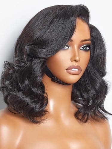 LUVME HAIR 12 Inch Light Yaki Loose Wave Wig Gorgeous Human Hair, Undetectable HD Lace Glueless Bob Wigs Human Hair Pre Plucked, Pre Cut Lace Wig Short Natural Black Wig - Image 1