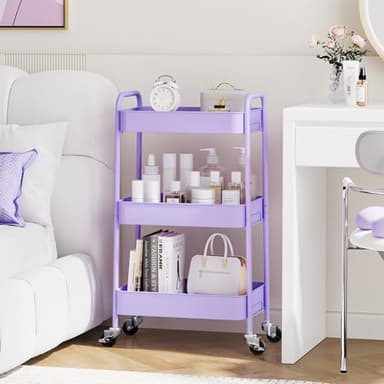 TOOLF 3-Tier Metal Rolling Cart with Wheels, Storage Utility Organizer Cart for Kitchen, Bathroom, Office, Baby Essentials & Makeup - Lockable Casters, Easy Assembly, Large Capacity, Purple - Image 7