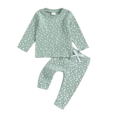 Baby Girl Fall Clothes Set Floral Print Long Sleeve Tops Pants Cute Infant Toddler Outfits 6 12 18 24 Months 2T (Floral Green, 18-24 Months) - Image 1