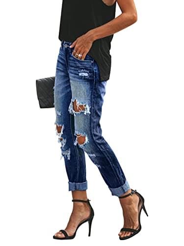 KUNMI Women's Ripped Mid Waisted Boyfriend Jeans Loose Fit Distressed Stretchy Denim Pants - Image 2