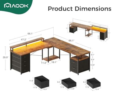 AODK 66" L Shaped Computer Desk, 113“ Reversible Home Office Desk with File Cabinet & 4 Fabric Drawers, Two Person Desk with LED Lights & Power Outlet, Corner Gaming Desk with Monitor Shelf, Vintage - Image 2