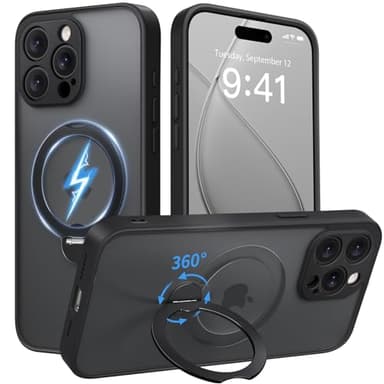 GolbinBox 360° Spin Magnetic Stand for iPhone 15 Pro Max Case, [Compatible with MagSafe], [Full Camera Protection] [16FT Military Drop Protection], Slim Translucent Matte Phone Case, Black - Image 1