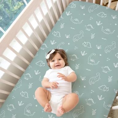 BROLEX Baby Fitted Crib Sheets: Kid Crib Sheets - Set of 2 for Toddler Standard Size Crib Mattress for Boys and Girls - Jersey Knit Crib Bed Sheets Cute Dinosaurs - Image 3
