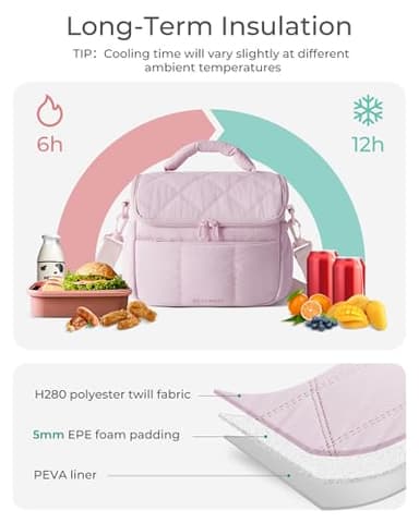 BAGSMART Insulated Lunch Bags for Women, Cute Quilted Lunch Box, Lightweight Puffy Padded Waterproof Lunch Tote, Reusable Lunch Cooler for Work Picnic Travel, Pink - Image 2