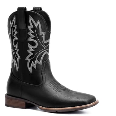 Lumeheel Cowboy Boots for Men - Western Square Toe Men's Black Boots with White Classic Embroidered, Slip on Chunky Heel for Spring Fall 10M - Image 1