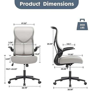Sweetcrispy High Back Office Chair - Ergonomic Computer Gaming Mesh Chairs with Lumbar Support, with Soft Flip Up Arms, Adjustable Height and 360° Wheels, 120° Rocking Mode, Light Grey - Image 2