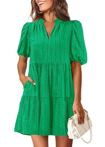 KIRUNDO Eyelet Summer Dresses for Women 2025 Mini Casual Hollow Out Short Sleeve Lace Tiered V Neck Shift Dress Pockets(Green, Medium) - Image 1