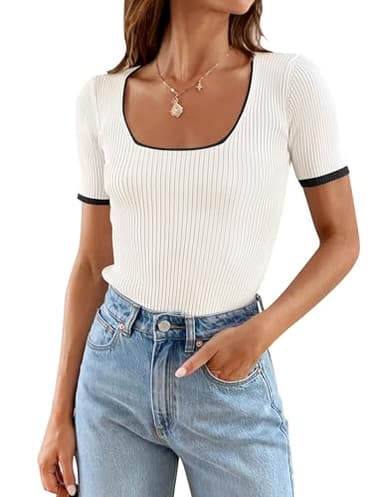 ZESICA Women's Short Sleeve Square Neck Color Block T Shirt 2025 Summer Slim Fit Ribbed Knit Basic Tee Tops,White,Medium - Image 1