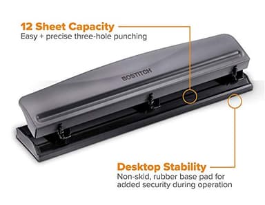 Bostitch Office Premium 3 Hole Punch, 12 Sheet Capacity, Metal, Rubber Base, Easy-Clean Tray, Silver, Gray - Image 2