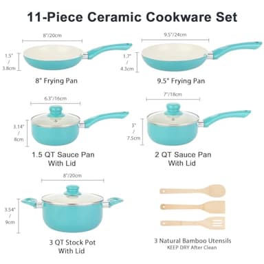 M MELENTA Pots and Pans Set Nonstick, 11pcs Kitchen Cookware Sets Induction Cookware, Ceramic Non Stick Cooking Set, Stay Cool Handle & Bamboo Kitchen Utensils, 100% PFOA Free, Turquoise - Image 2